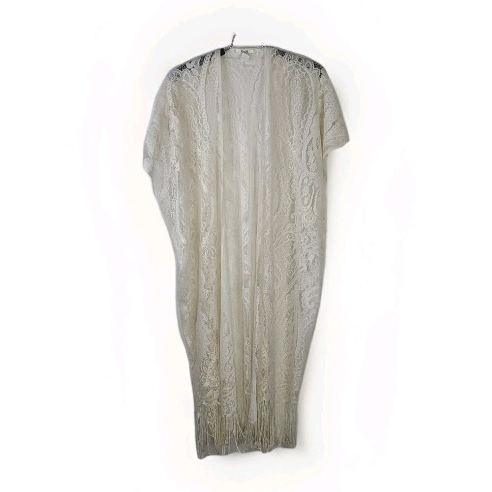 Y2K MUDD Crochet Lace Duster Kimono Paisley Fringed OS Bohemian Fairy Whimsigoth
